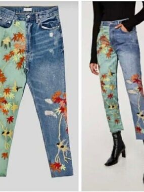 Zara Premium High-waist Cropped Denim and Satin Embroidery Panel Jeans